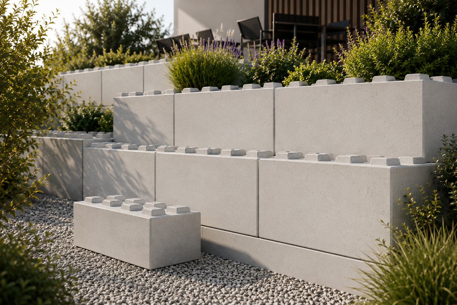Blocs béton empilables ARKA BLOC stockés sur site